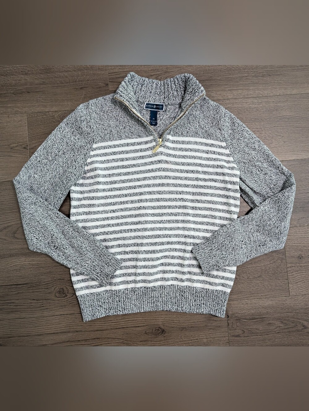 Karen Scott Quarter Zip Pillow Striped Sweater